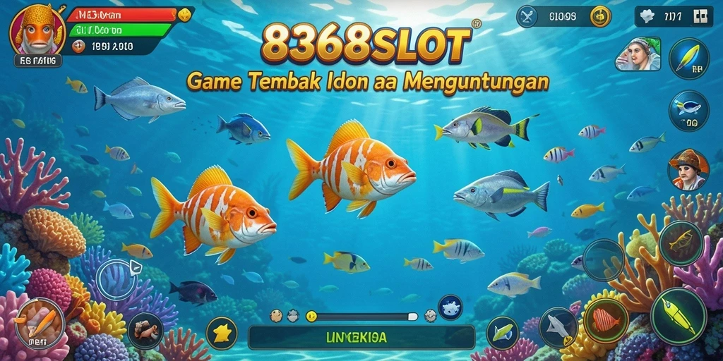 Gameplay seru 8368SLOT dengan ikan berwarna-warni untuk diburu.