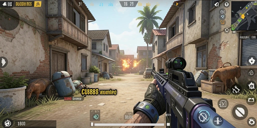 Screenshot gameplay CU888 menampilkan aksi tembak-menembak yang intens dan cepat.