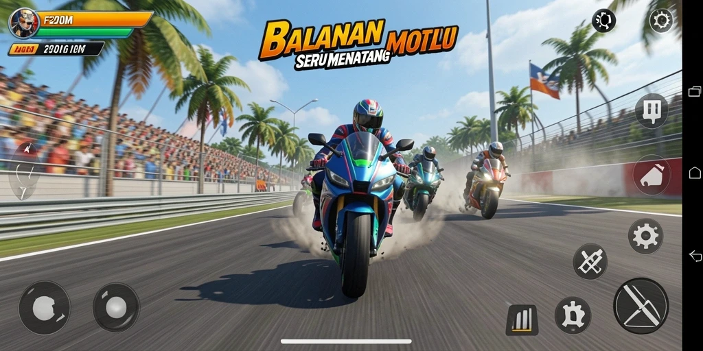 Gameplay F200M yang mendebarkan dengan balapan motor yang intens.