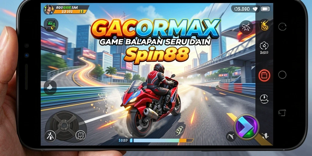 Tampilan gameplay GACORMAX dengan mobil balap yang melaju kencang.