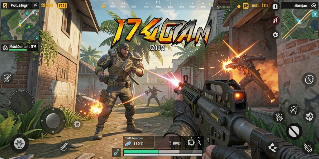 Screenshot gameplay J200M yang menunjukkan aksi tembak-menembak penuh ketegangan.