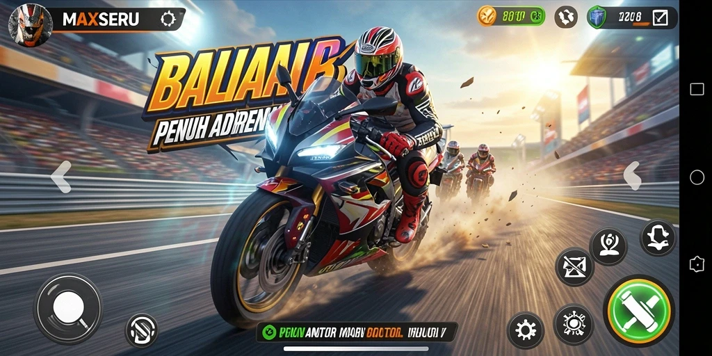 Tampilan gameplay <strong>MAXSERU</strong> yang mendebarkan dengan motor balap cepat.