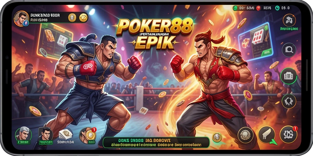 Screenshot gameplay POKER88 menampilkan pertarungan intens antara karakter.