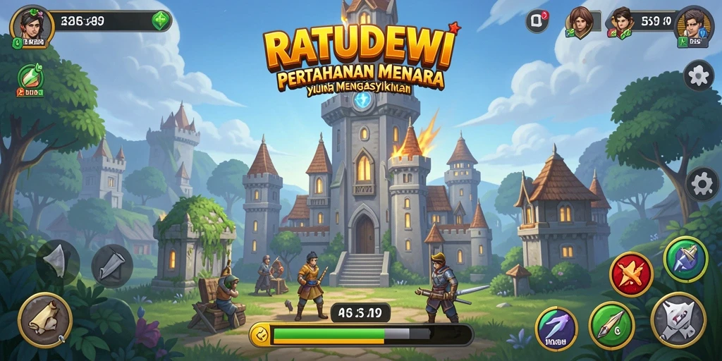 Tampilan menarik dari gameplay Tower Defense RATUDEWI dengan menara dan musuh yang beragam.