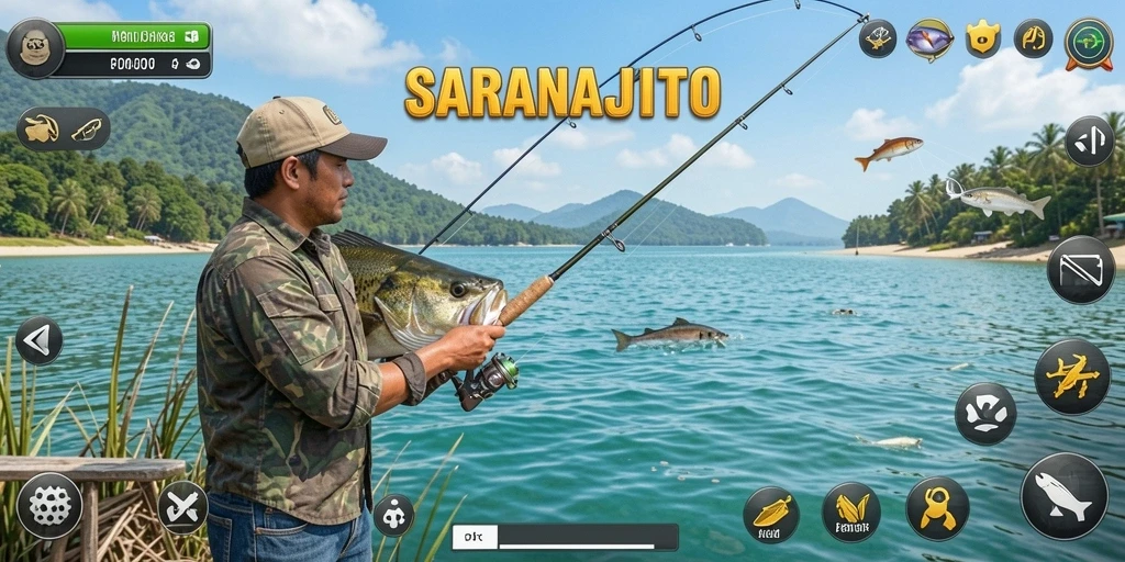 Tampilan permainan SARANAJITU dengan aksi memancing yang seru.