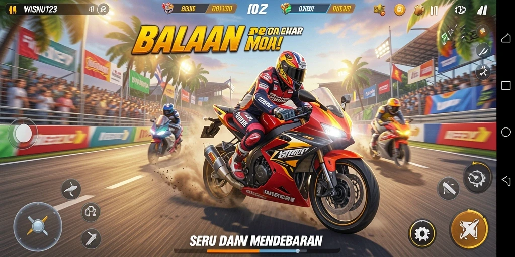 Tampilan gameplay balapan motor yang seru dan menantang di WISNU123.